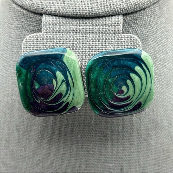Vintage Large Square Green, Blue and Purple Enamel Swirl Painted Stud Earrings - Picture 1 of 6